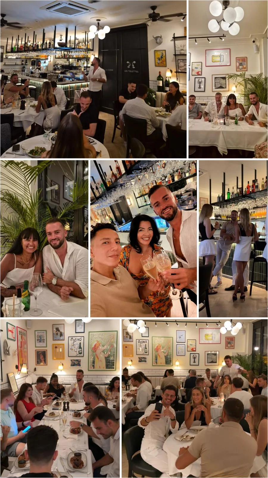 Photographs from a previous Alex in Malta dinner: guests around candlelit tables, raising glasses at the bar, and Alex with guests